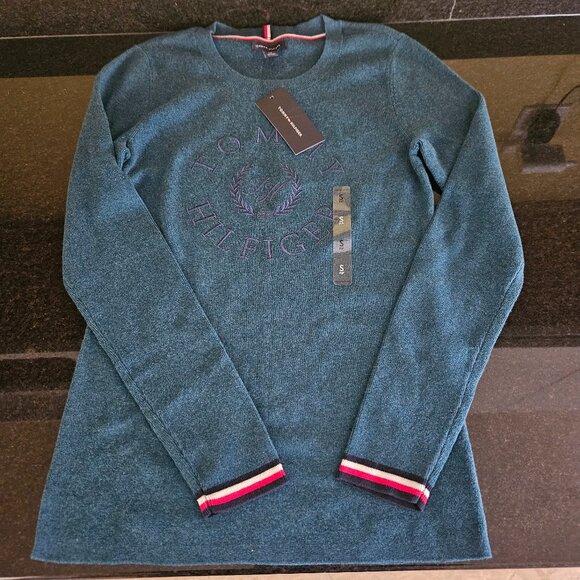 Tommy Hilfiger Teal Crewneck Sweater Sweatshirt 100% Cotton NWT Orig $65 S/P - Picture 1 of 6